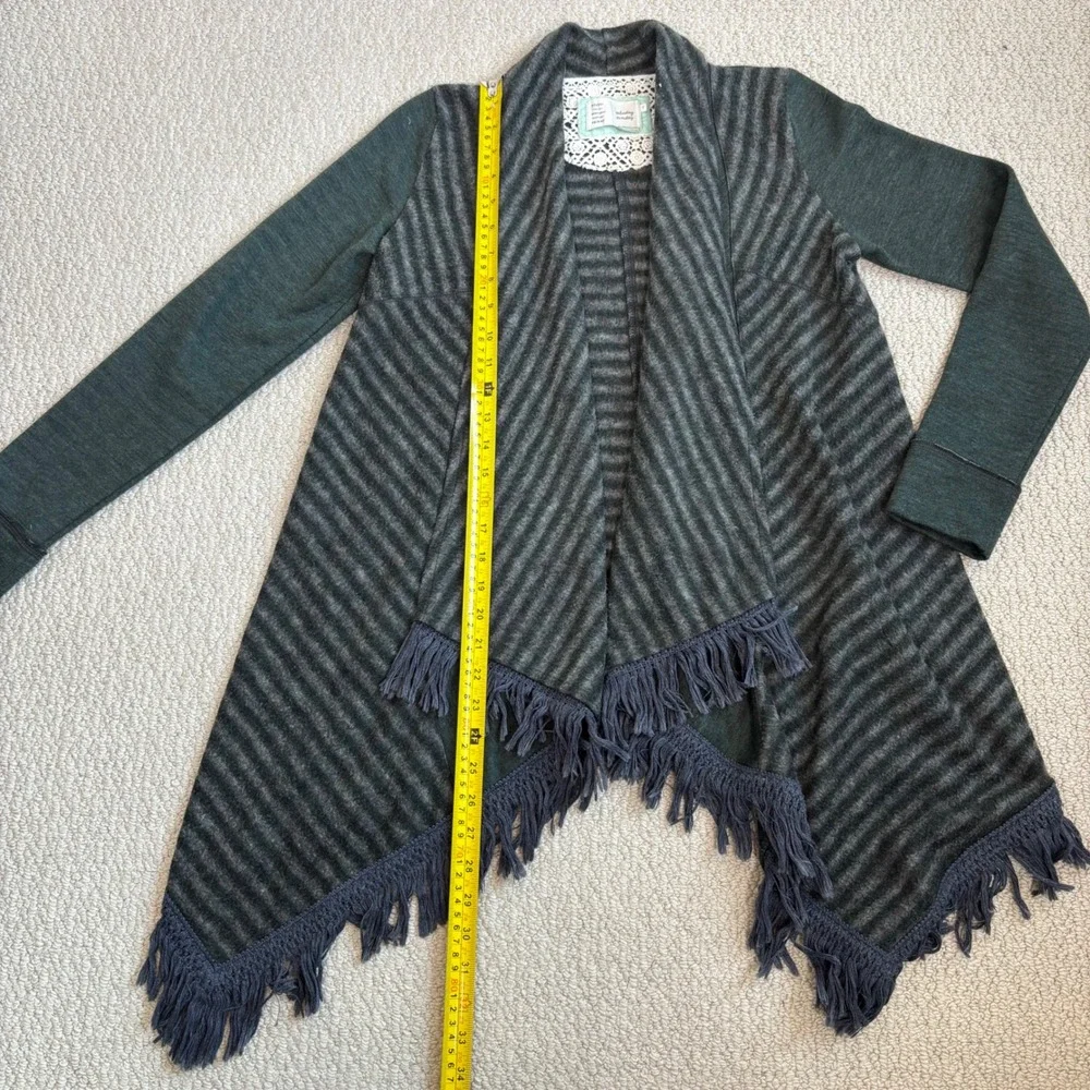 Anthropologie Saturday Sunday Green Striped Fringe Open Front Cardigan XS